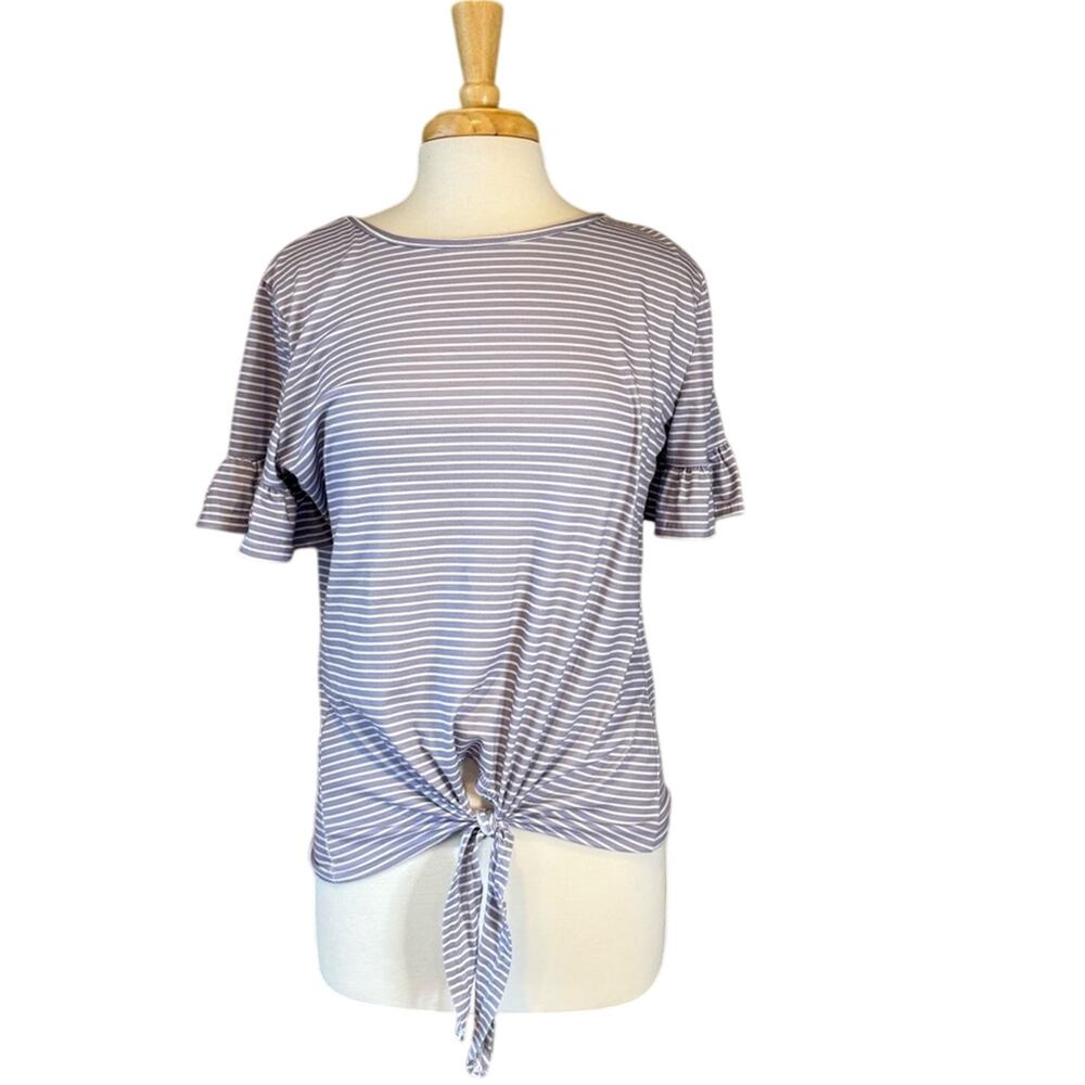 Striped Purple and White Tie-Front Women's Top Medium